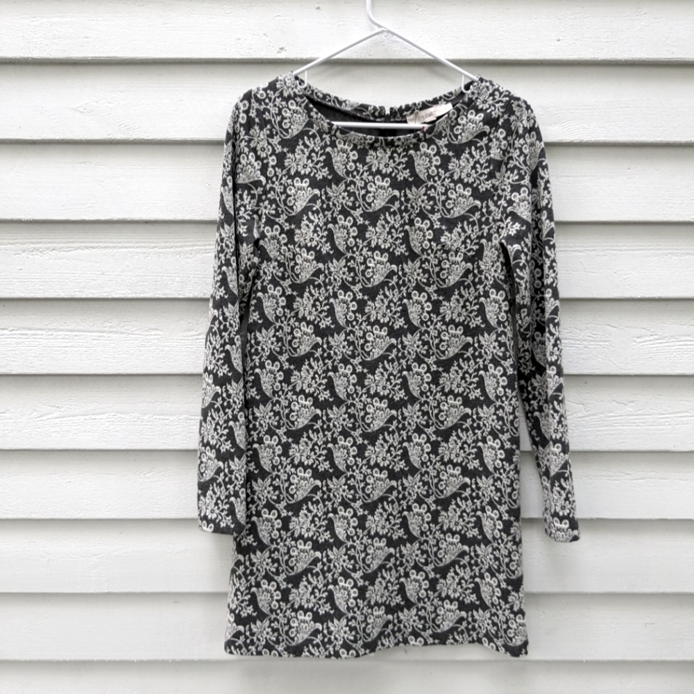 Loft Gray and White Floral Mini Sweater Dress.